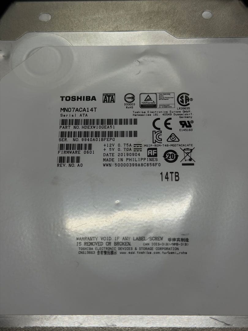 【ジャンク】Toshiba MN07ACA14T 14TB 内蔵型HDD 東芝