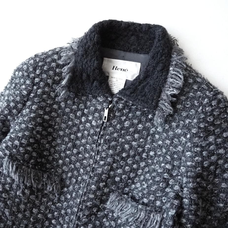 楽✳︎楽様René ルネ アンゴラ混 ツイード フリンジ ジップアップ ジャケット