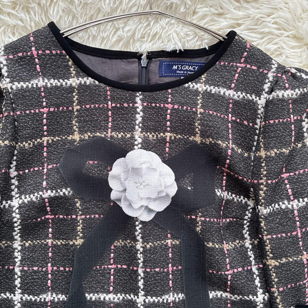 美品★M'S GRACY ツイードライクプリントワンピース リボン 大きいサイズ