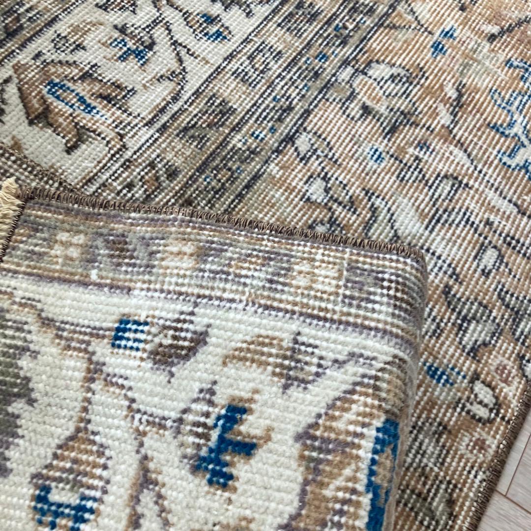 48×211ランナー　淡ブラウン　ブルー　ラインホワイト　トルコヴィンテージラグ