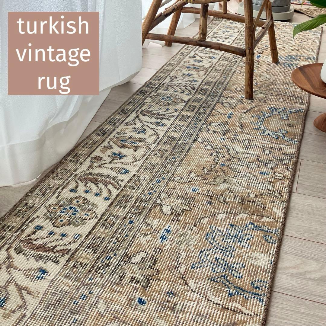 48×211ランナー　淡ブラウン　ブルー　ラインホワイト　トルコヴィンテージラグ