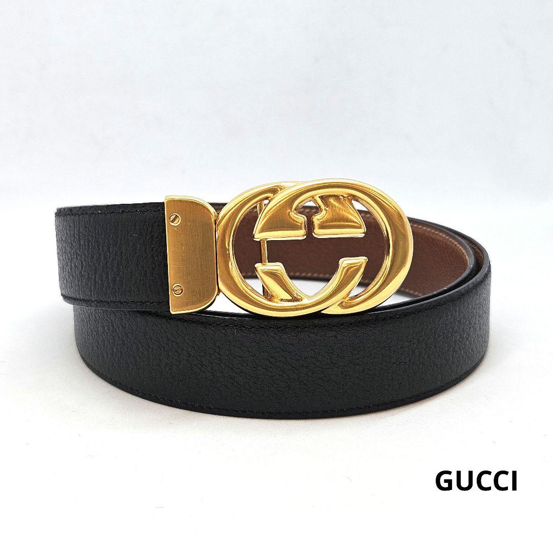 GUCCI ベルト GGマーモント ゴールド レザー ロゴ 黒 レディース