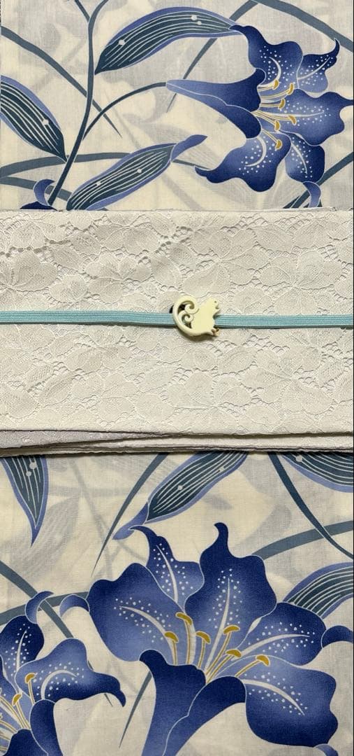 浴衣 ゆかた帯のセット販売白地にブルー 百合 ゆり 花柄 Lサイズ