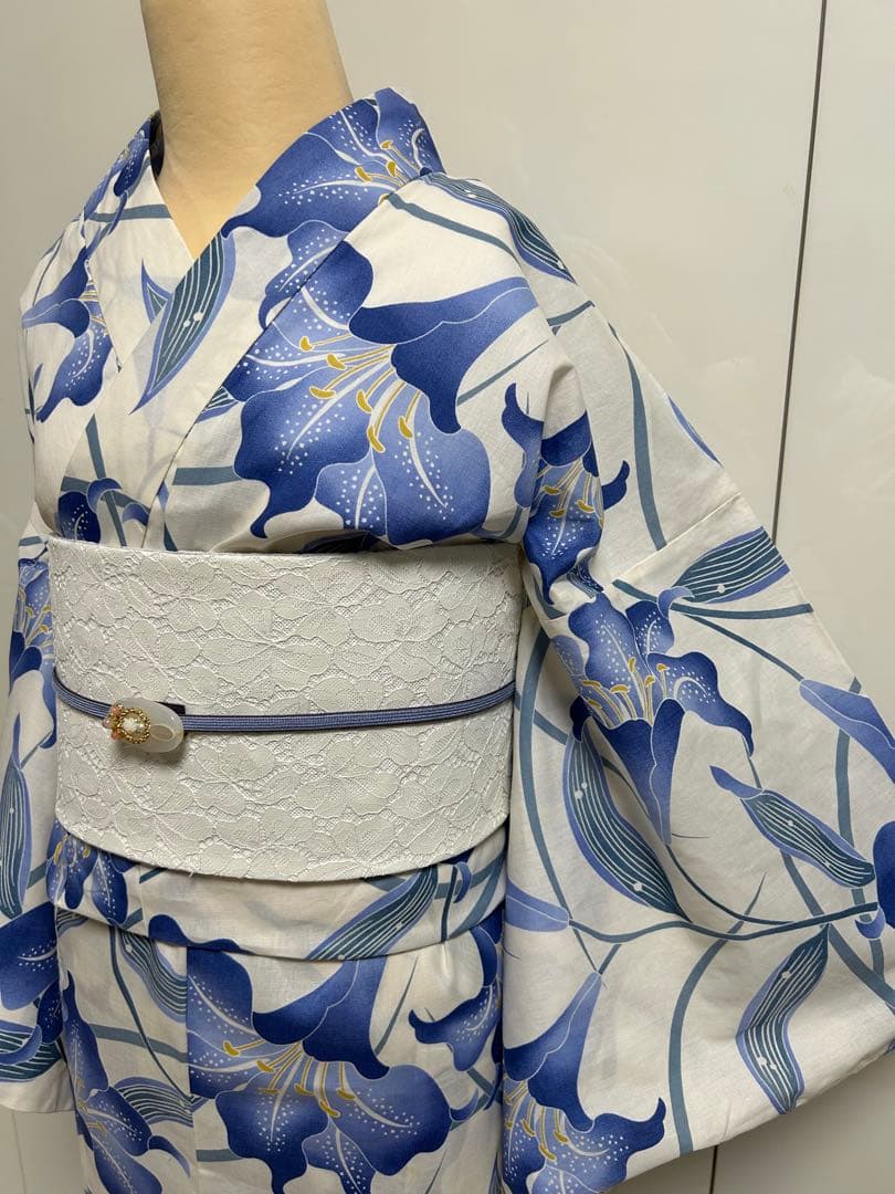 浴衣 ゆかた帯のセット販売白地にブルー 百合 ゆり 花柄 Lサイズ