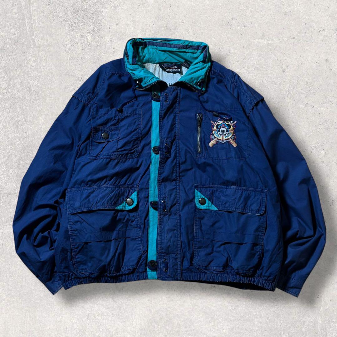 90s Disneyナイロンジャケット紺ネイビーミッキーマウス刺繍パッカブル古着