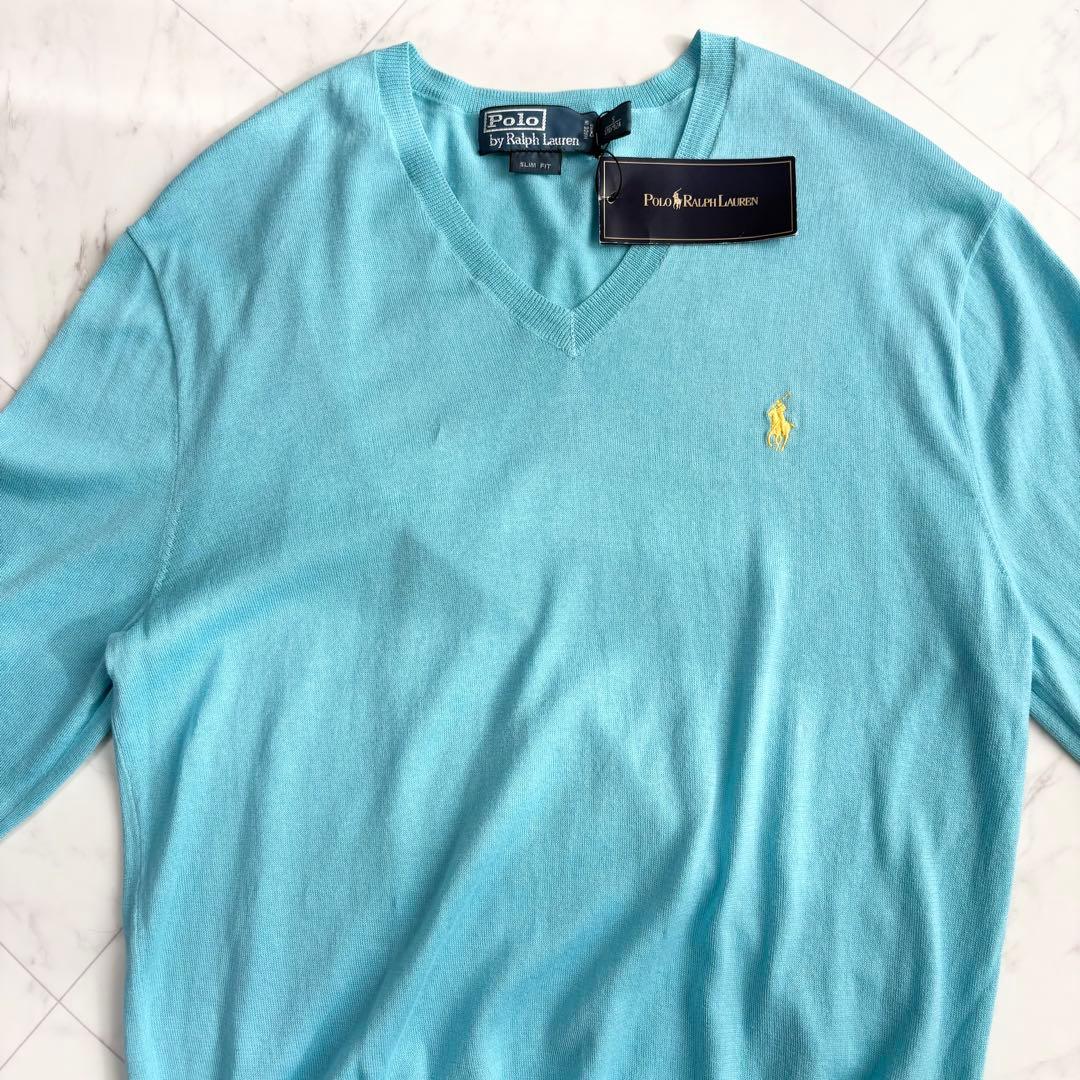 新品【ラルフローレン】Vネックニット　ポニーロゴ　薄手　コットン　水色　Y2K