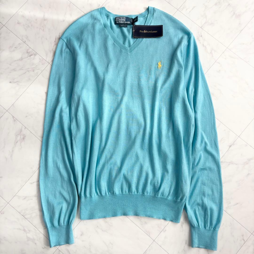 新品【ラルフローレン】Vネックニット　ポニーロゴ　薄手　コットン　水色　Y2K