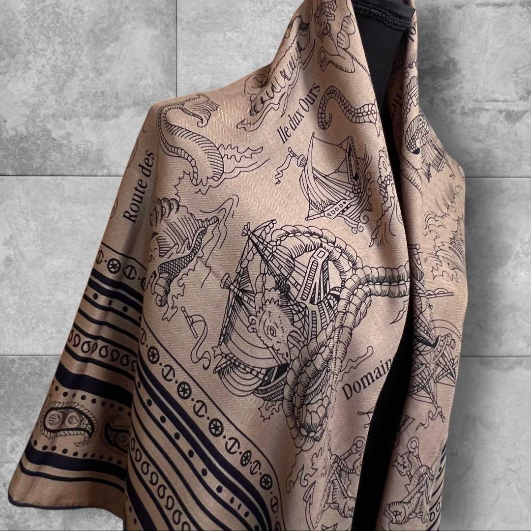 大判 ウール シルク ストール 羽織り ネイビー 紺 ブラウン キャメル 130