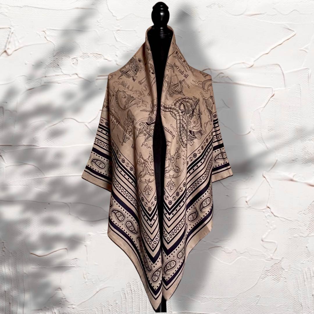 大判 ウール シルク ストール 羽織り ネイビー 紺 ブラウン キャメル 130