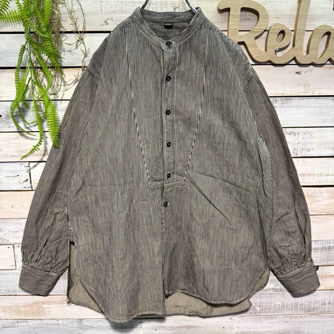 45R インディゴ染 バンドカラーシャツ ストライプ ヒッコリー 刺繍