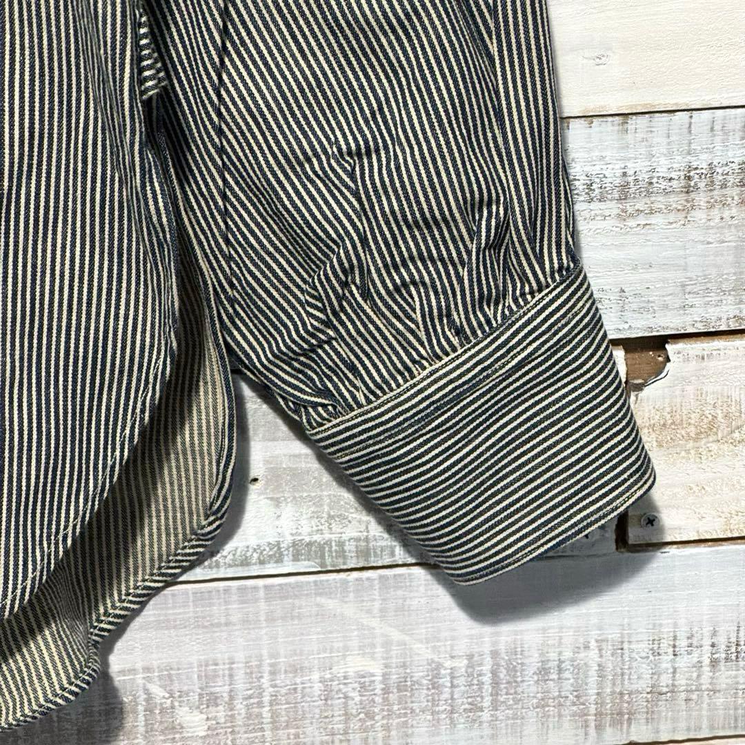45R インディゴ染 バンドカラーシャツ ストライプ ヒッコリー 刺繍