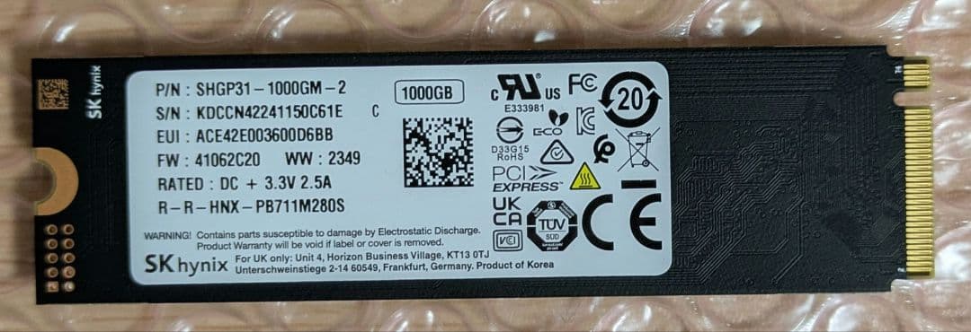 内蔵型SSD SK hynix Gold P31 M.2 SSD 1TB