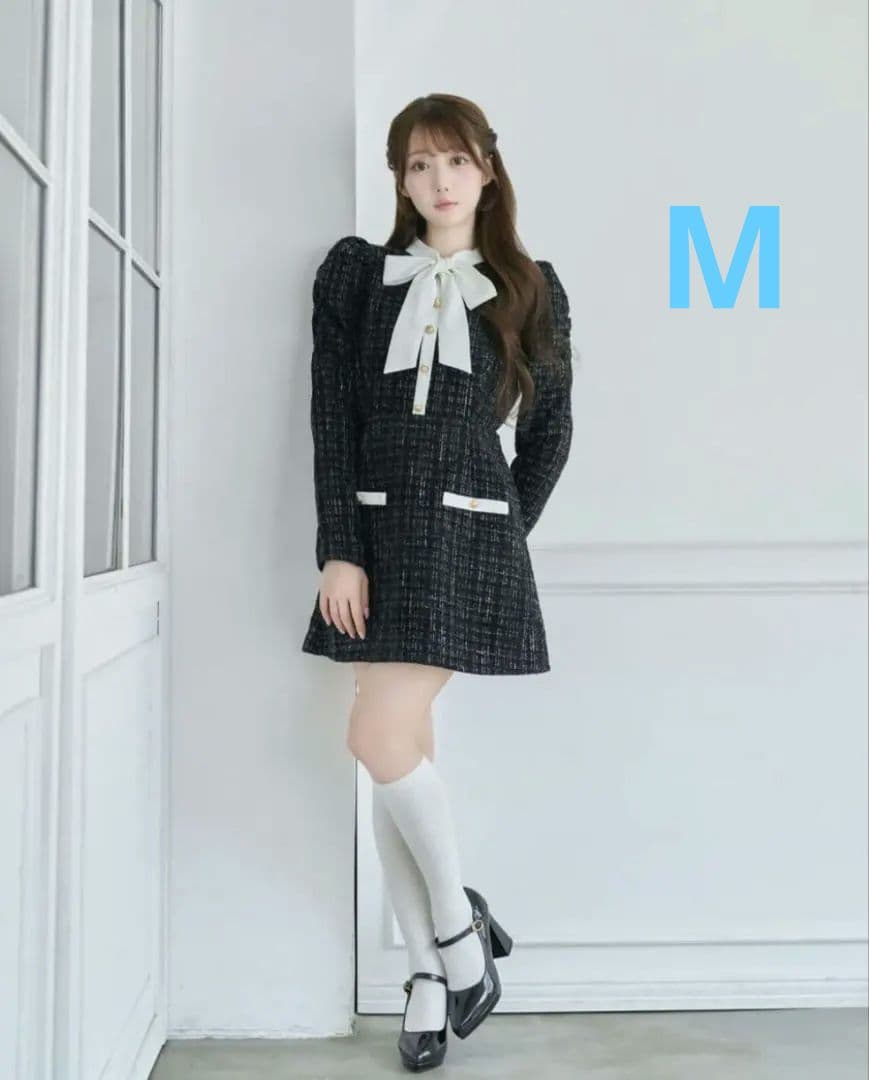 ワンピース ribbon tie tweed mini onepiece M