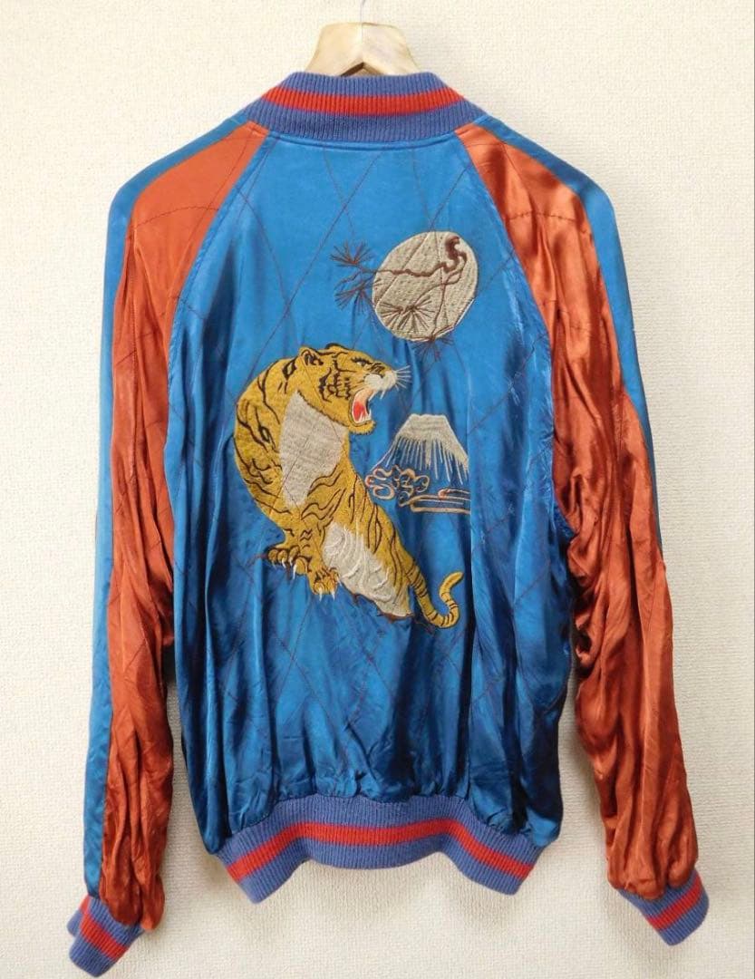 リバーシブル　サテン　スカジャン　L相当 虎　富士　月　ブルー×オレンジ系