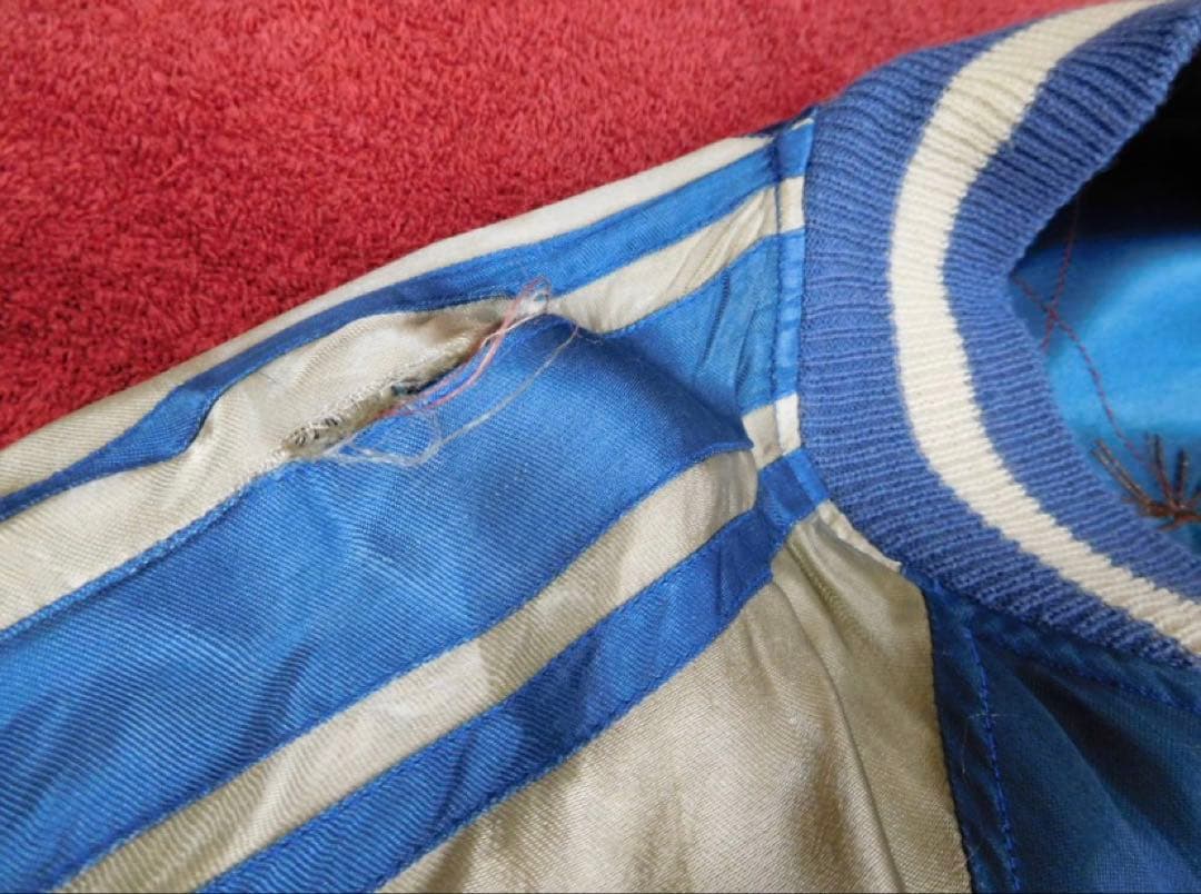 リバーシブル　サテン　スカジャン　L相当 虎　富士　月　ブルー×オレンジ系