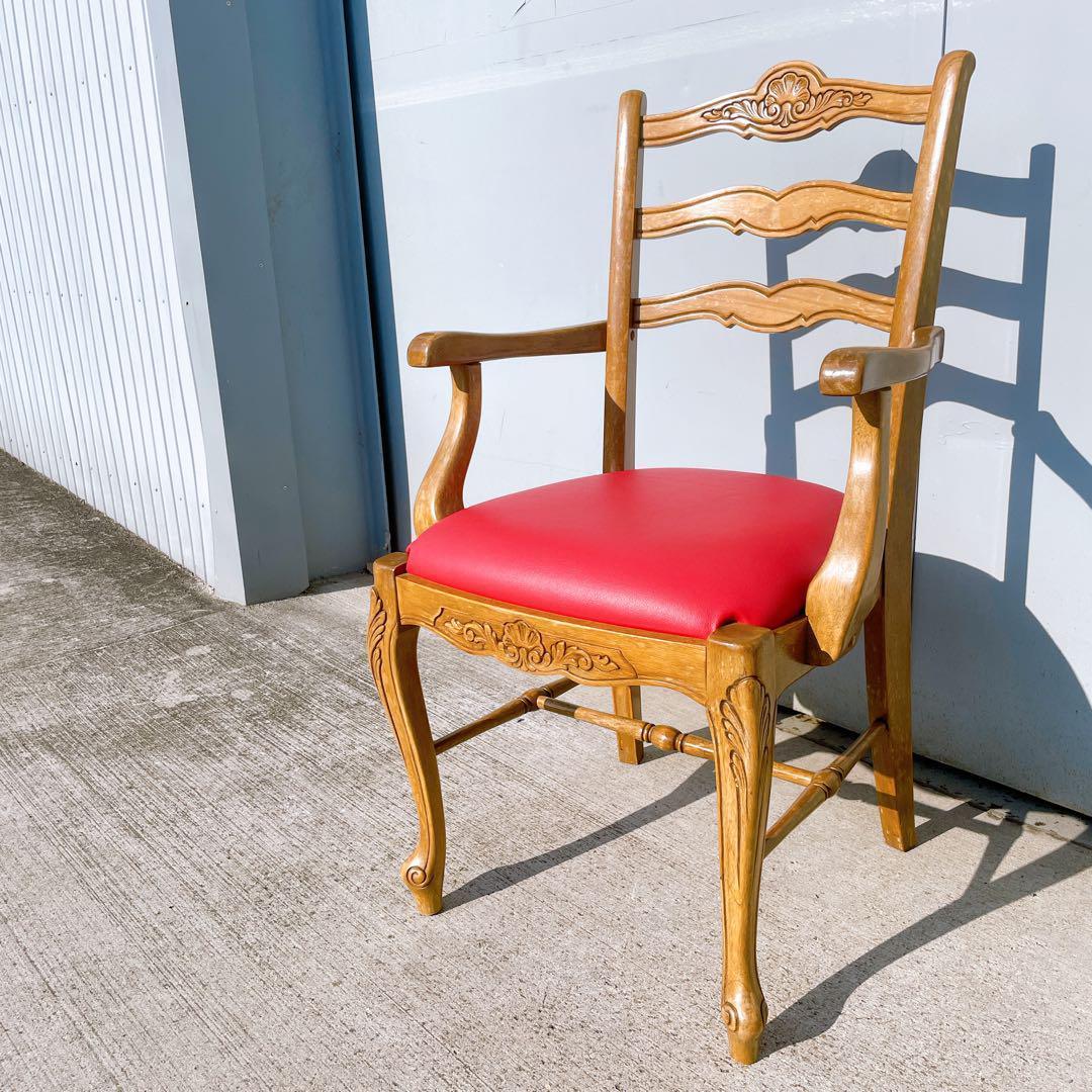 【極美品】フランスアンティーク アームチェア ダイニングチェア 猫脚 赤レザー②
