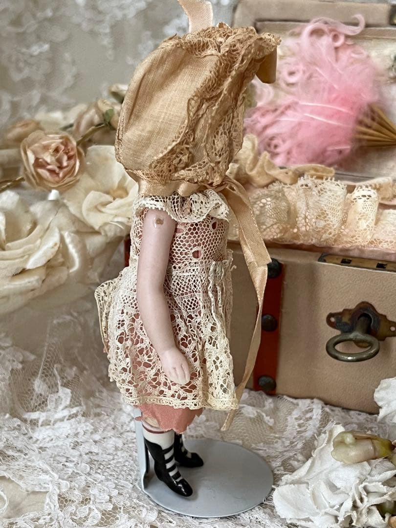 アンティークヴィンテージビスクドールミニョネット ボックスローズリボンレース