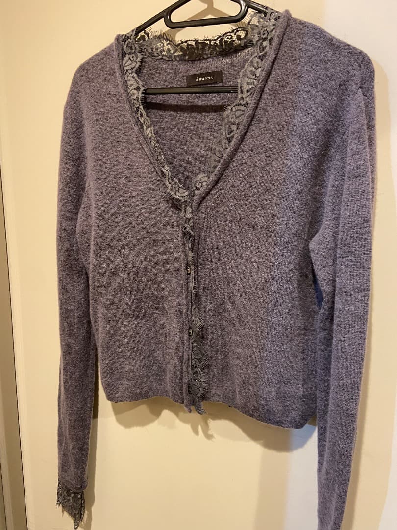 anuans アイラッシュレーストリミングニットカーディガン グレー
