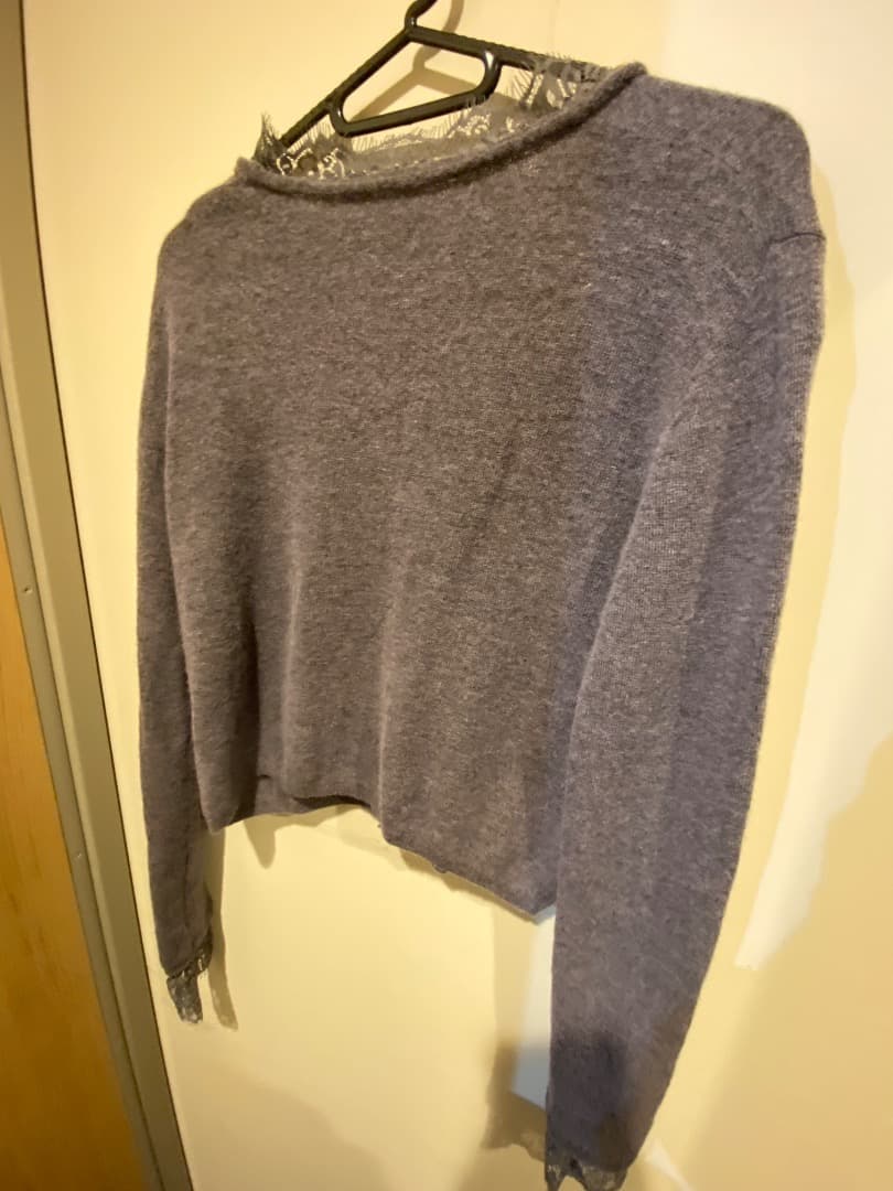 anuans アイラッシュレーストリミングニットカーディガン グレー