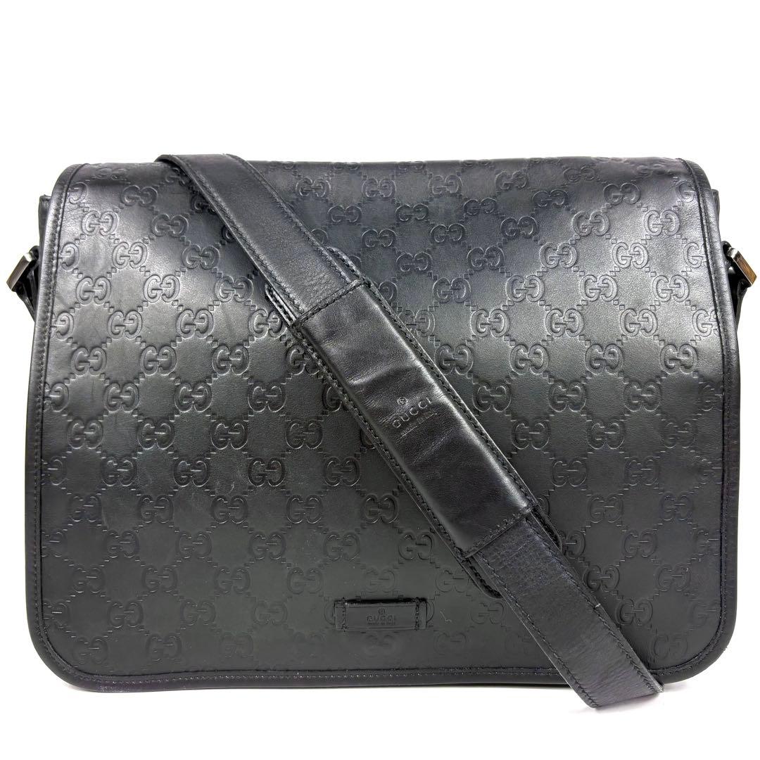 レア✨グッチ メッセンジャーバッグ シマ レザー ブラック GG柄　A4PC可