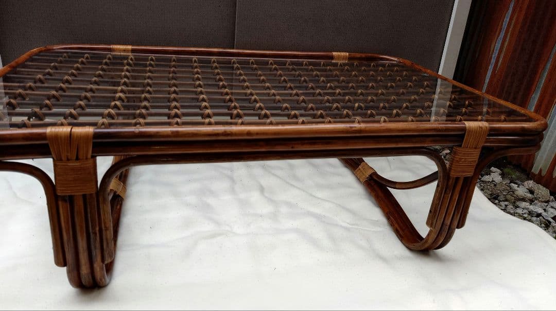 ラタン ガラス テーブル 座卓 卓袱台 机 藤 籐 木製 アンティーク レトロ