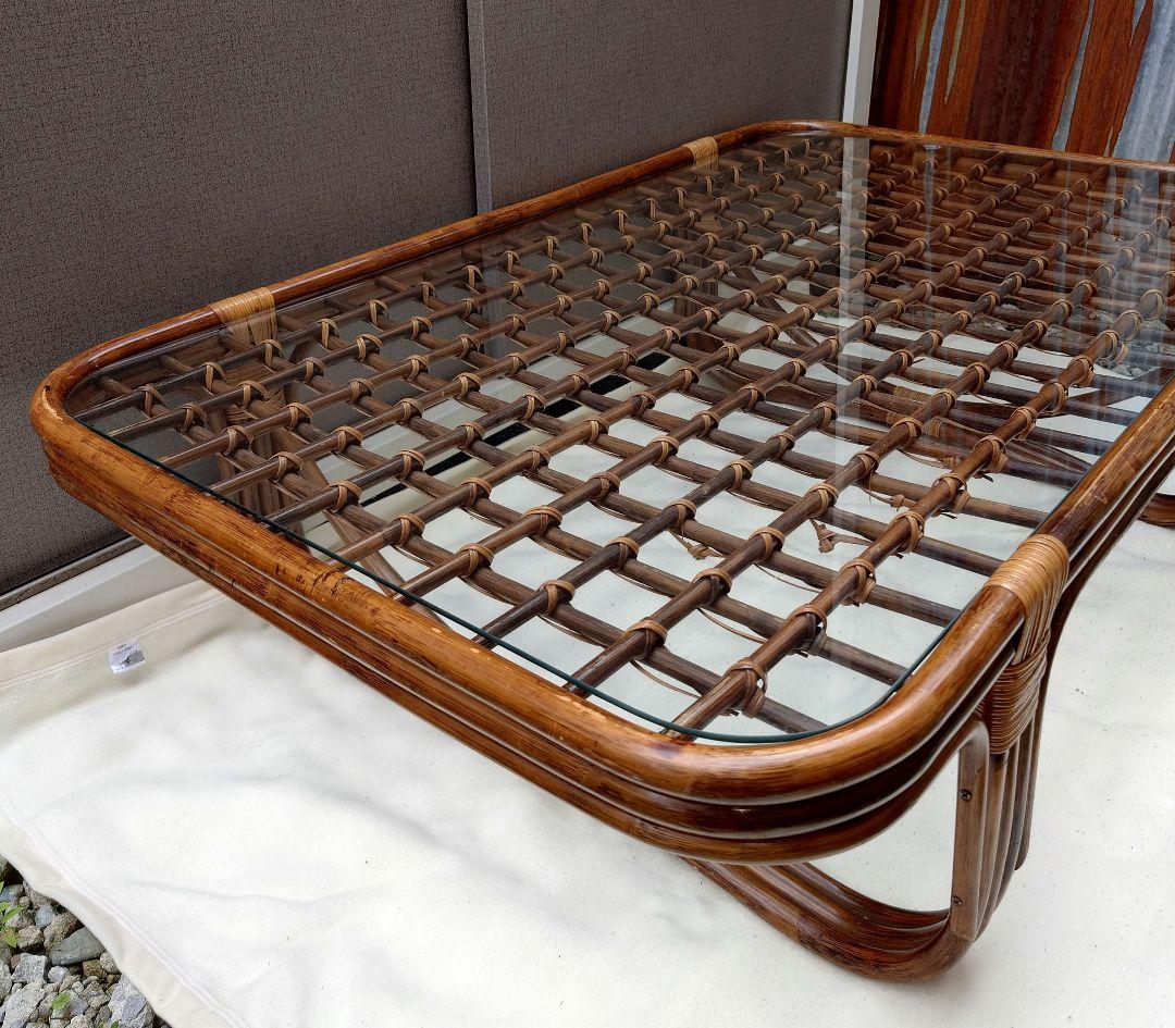 ラタン ガラス テーブル 座卓 卓袱台 机 藤 籐 木製 アンティーク レトロ