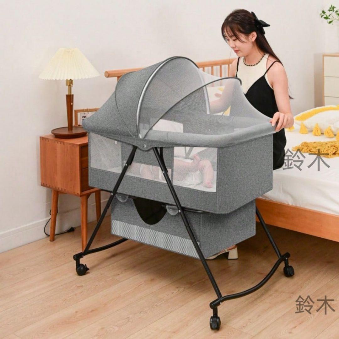 グレー メッシュ ベビーベッド キャスター付き