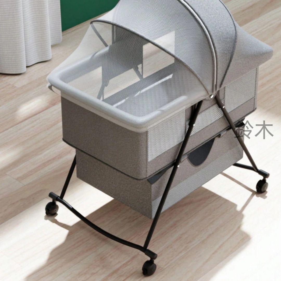 グレー メッシュ ベビーベッド キャスター付き