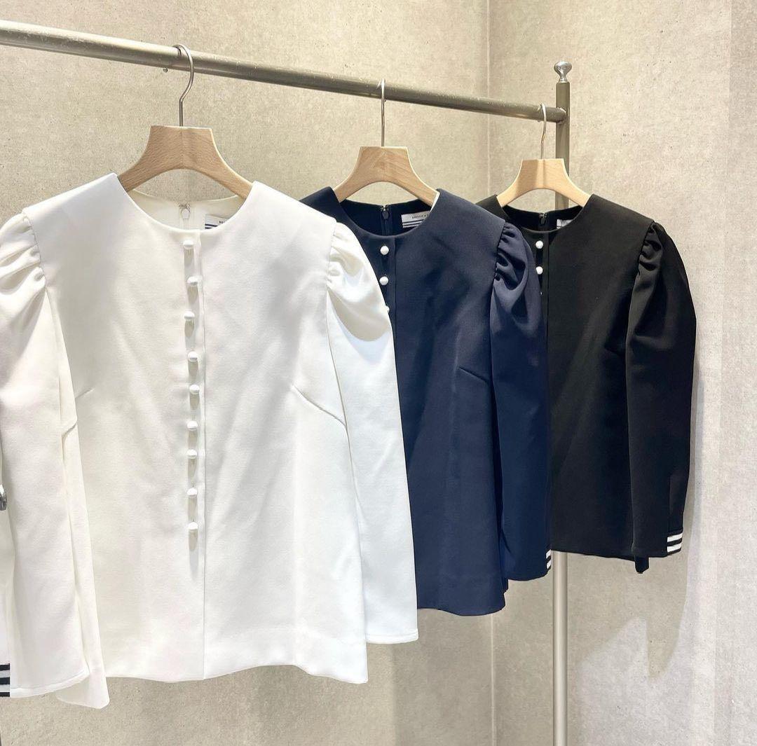 BORDERS at BALCONY ボタンツイルブラウス ネイビー 38