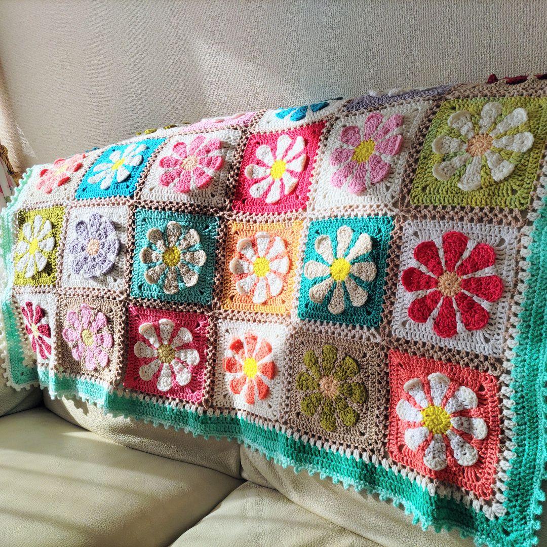 手編みブランケット★レトロデイジーフラワー★かぎ針編み★カラフル★お花モチーフ