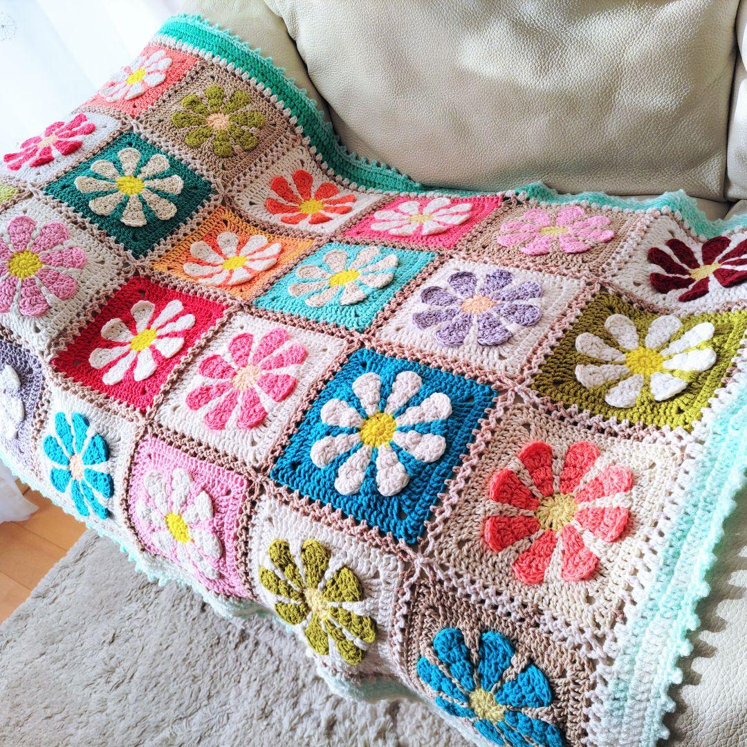 手編みブランケット★レトロデイジーフラワー★かぎ針編み★カラフル★お花モチーフ