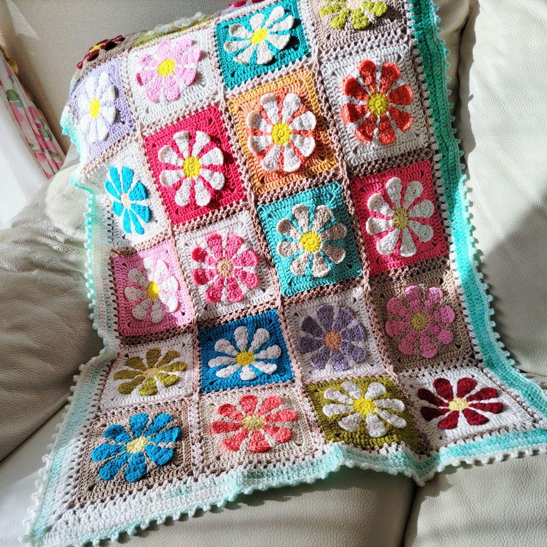 手編みブランケット★レトロデイジーフラワー★かぎ針編み★カラフル★お花モチーフ