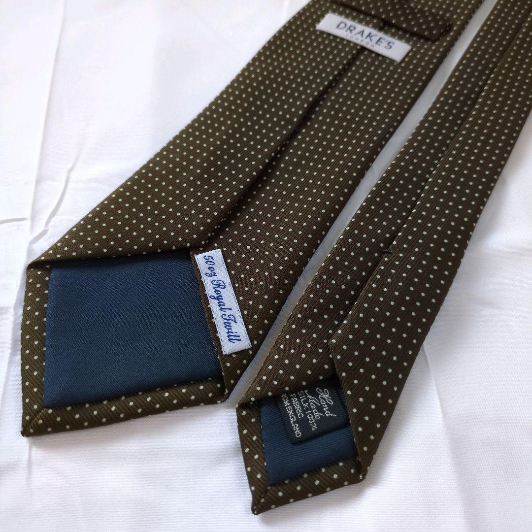 【美品】ドレイクス ネクタイ ダークカーキ ドット 50オンス【イギリス製】