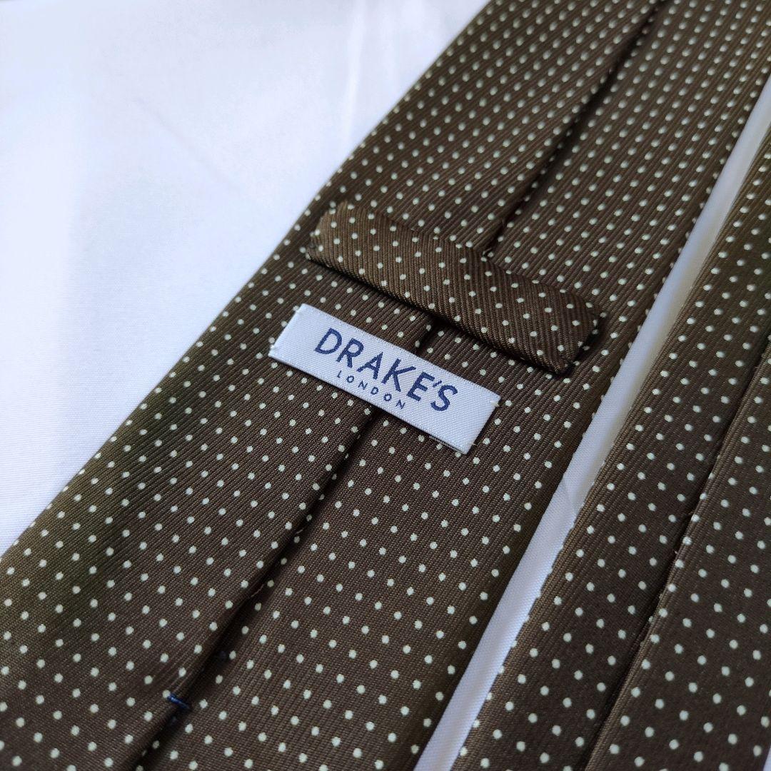 【美品】ドレイクス ネクタイ ダークカーキ ドット 50オンス【イギリス製】