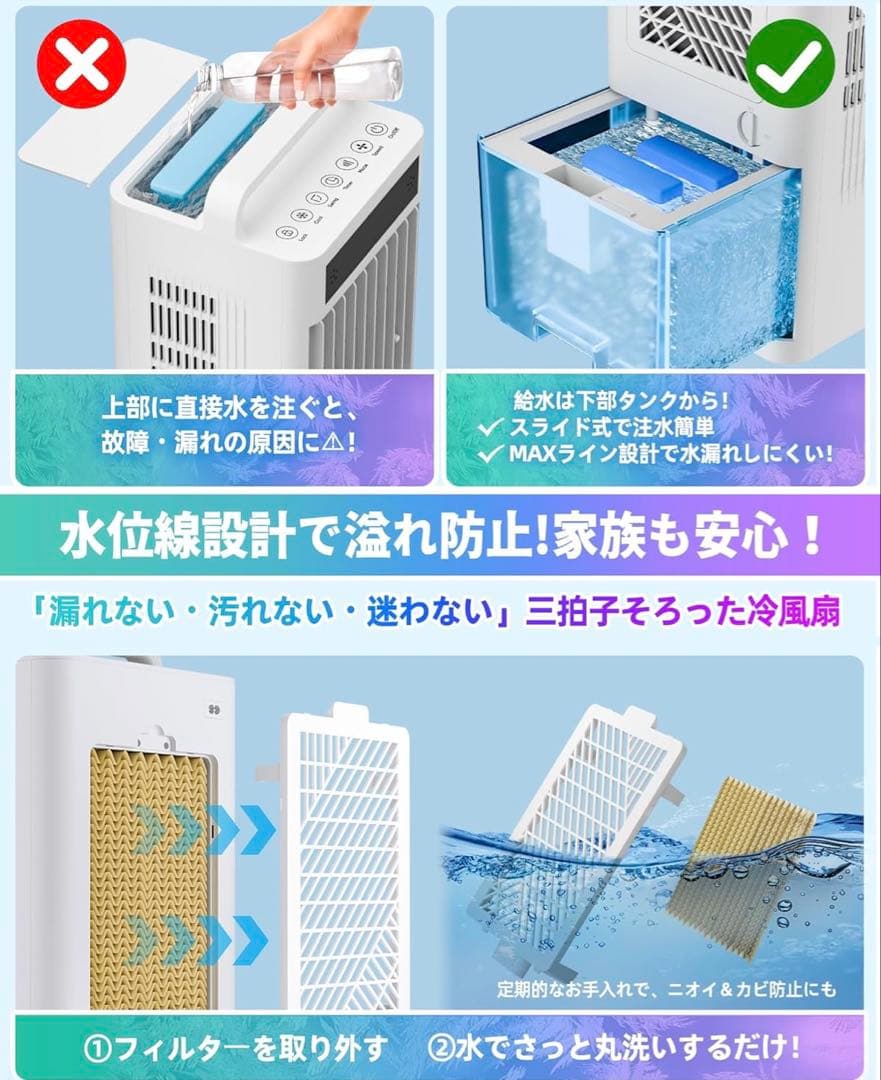 ポータブルクーラー 冷風機 強力10Lタンク 保冷材6個付 リモコン遠隔操作