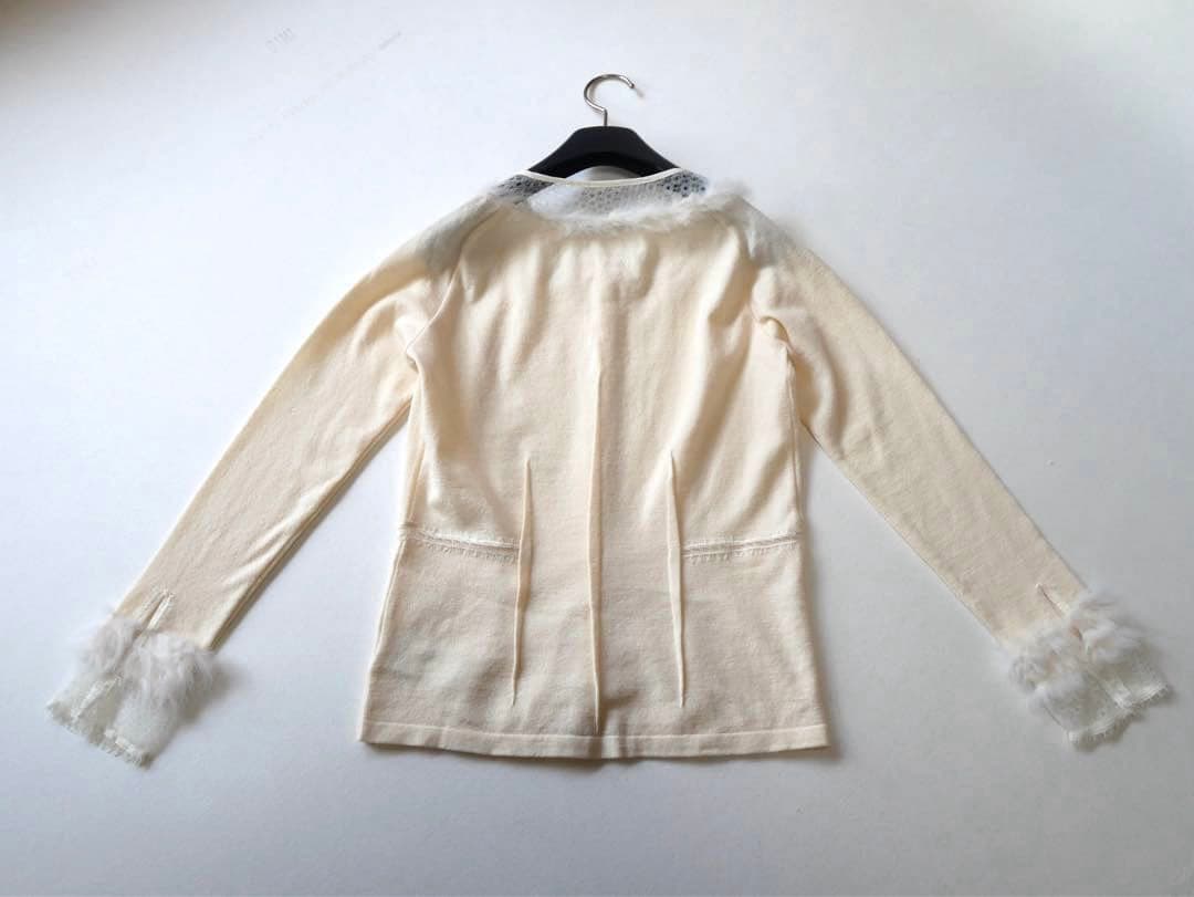 Blumarine レース×ファー パールボタン カーディガン ホワイト