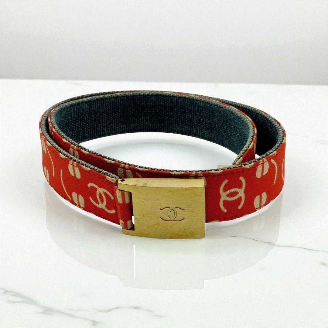 良品✨ シャネル ココマーク ロゴ ベルト キャンバス レッド