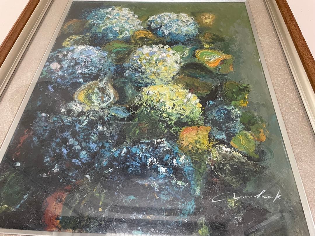油彩 紫陽花 絵 大きめ 特大 額縁 約87×102cm インテリア 絵画