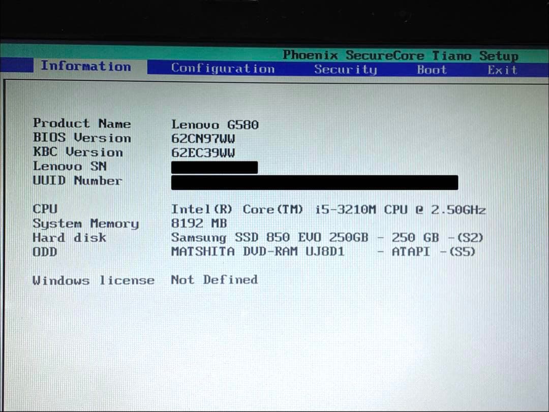 Lenovo G580　SSD250GB　メモリ8GB　※office2013付