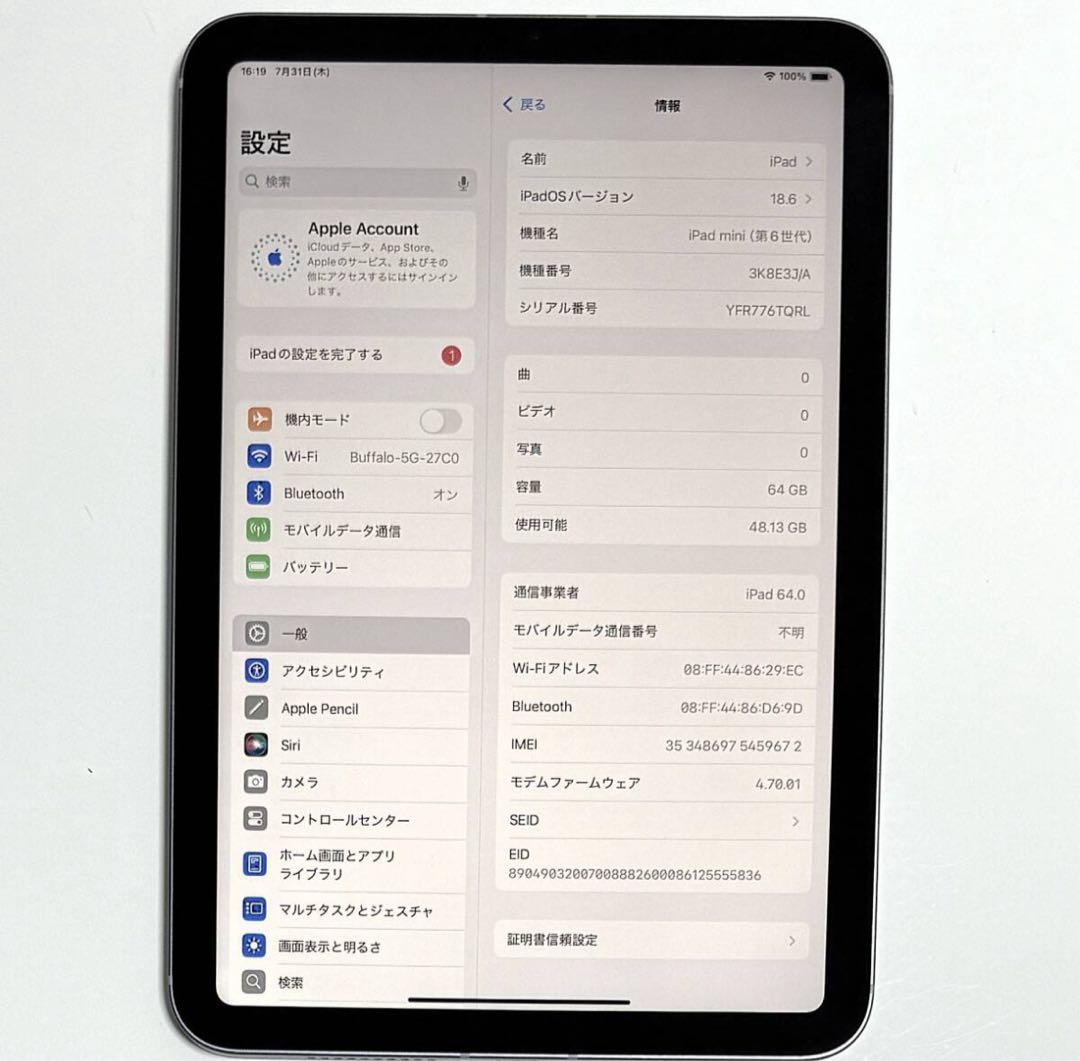 iPad mini6 64GB cellularバッテリー容量100%