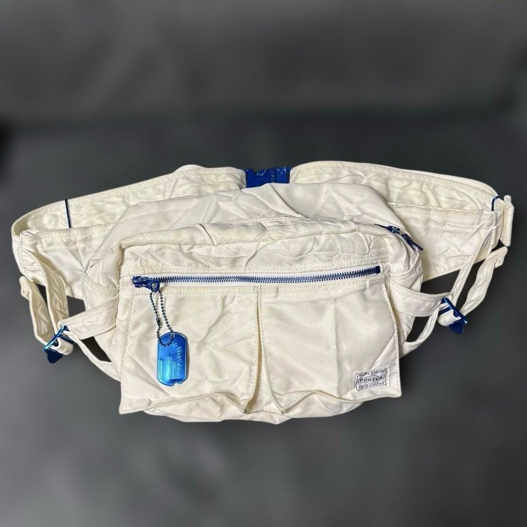 ポーター ウエストポーチ　RIDE 白　ブルー　近江ちぢみ
