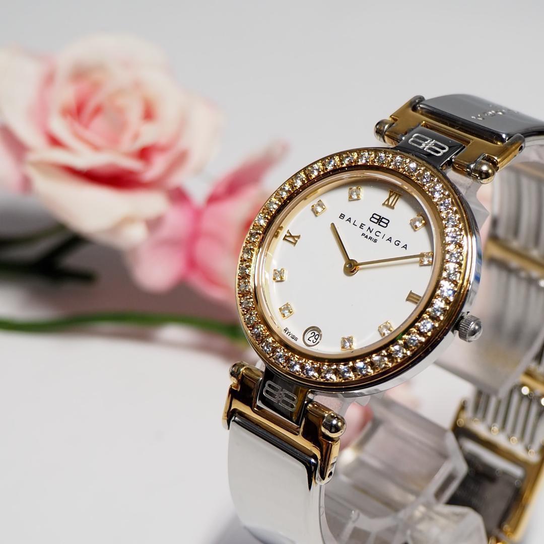 美品 バレンシアガ BALENCIAGA ストーンベゼル デイト 腕時計 944
