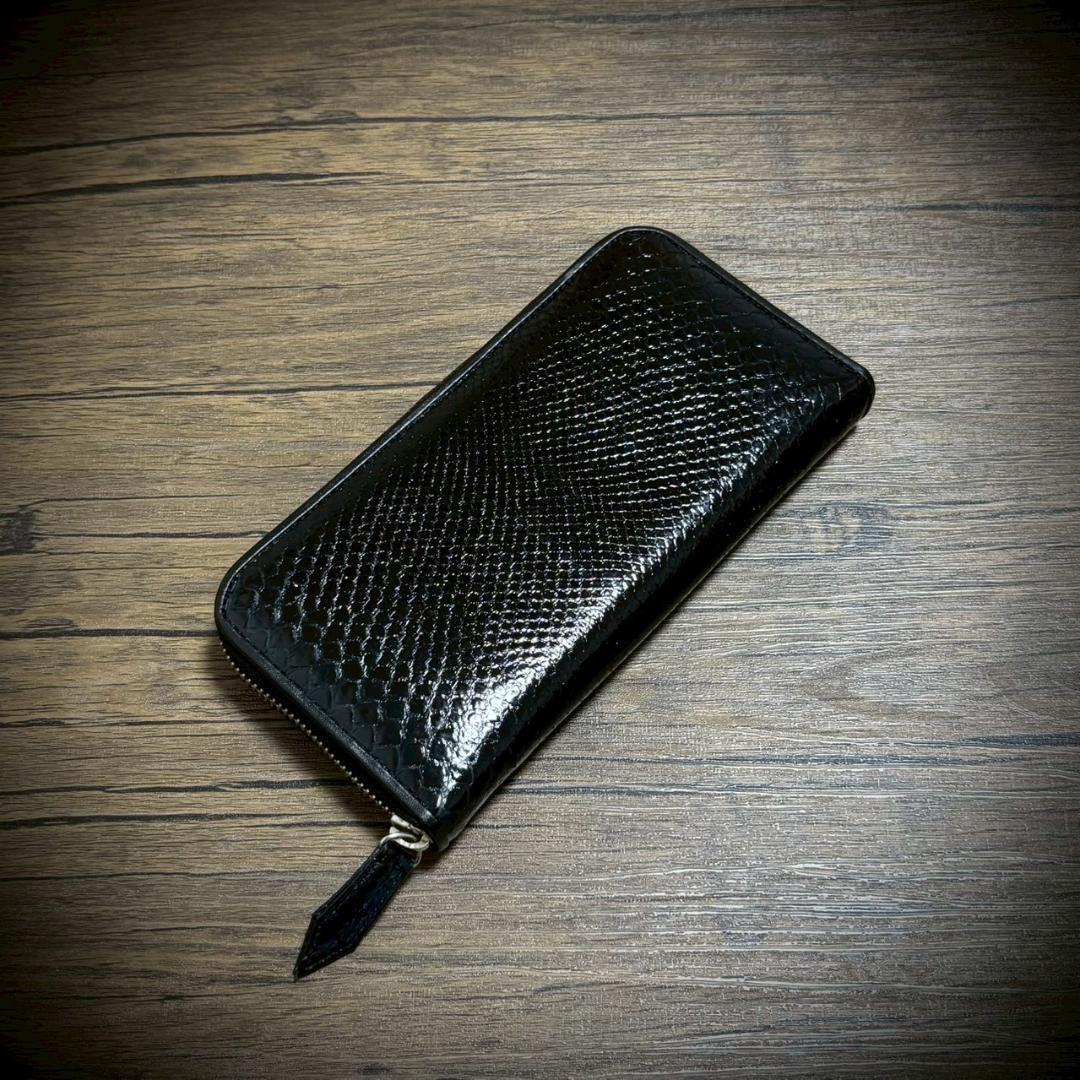 パイソン レザー 長財布 財布 蛇革 カード15枚 大容量 ブラック 黒