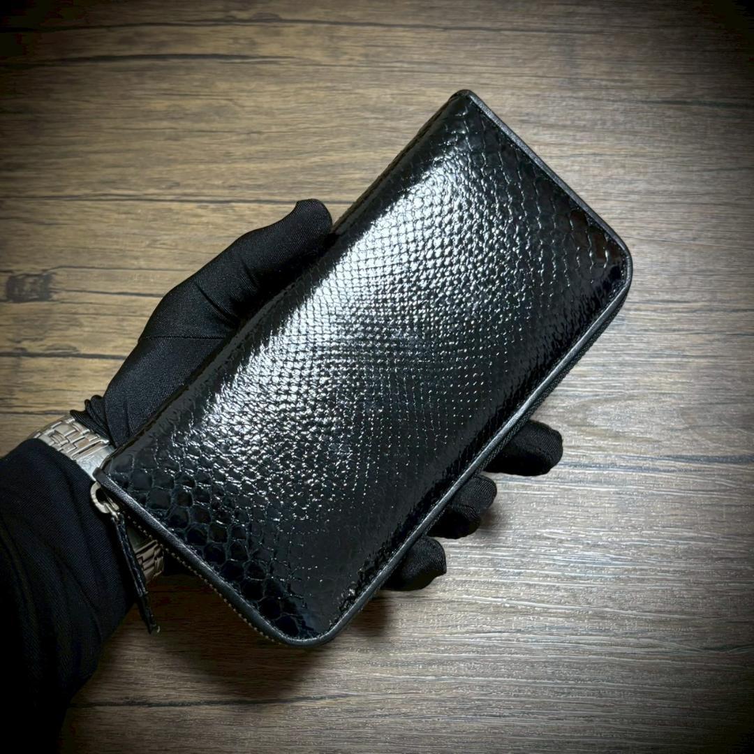 パイソン レザー 長財布 財布 蛇革 カード15枚 大容量 ブラック 黒