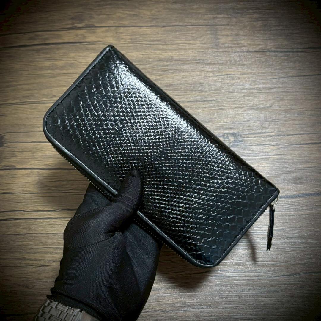 パイソン レザー 長財布 財布 蛇革 カード15枚 大容量 ブラック 黒