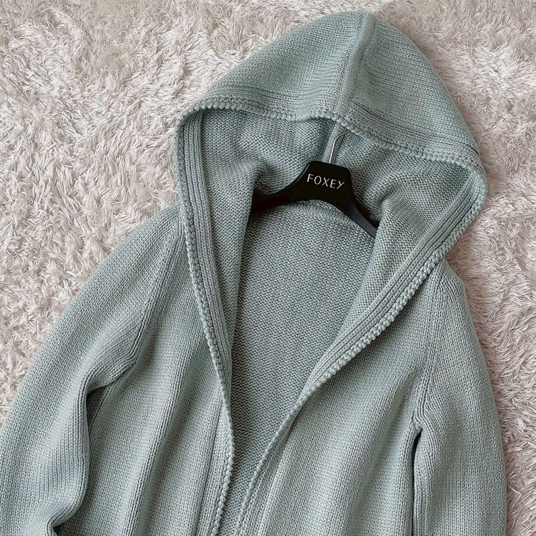 フォクシー ロングカーディガン フーディ ミントグリーンエンジェルヘアコットン