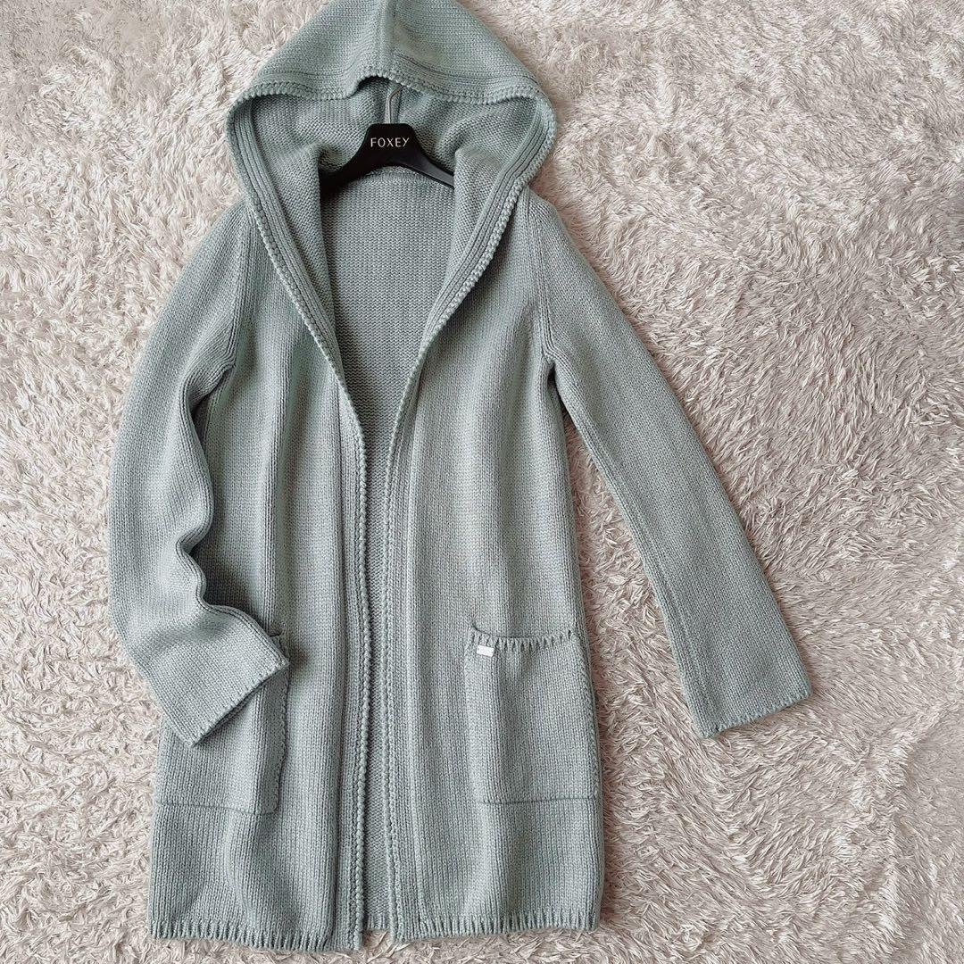 フォクシー ロングカーディガン フーディ ミントグリーンエンジェルヘアコットン