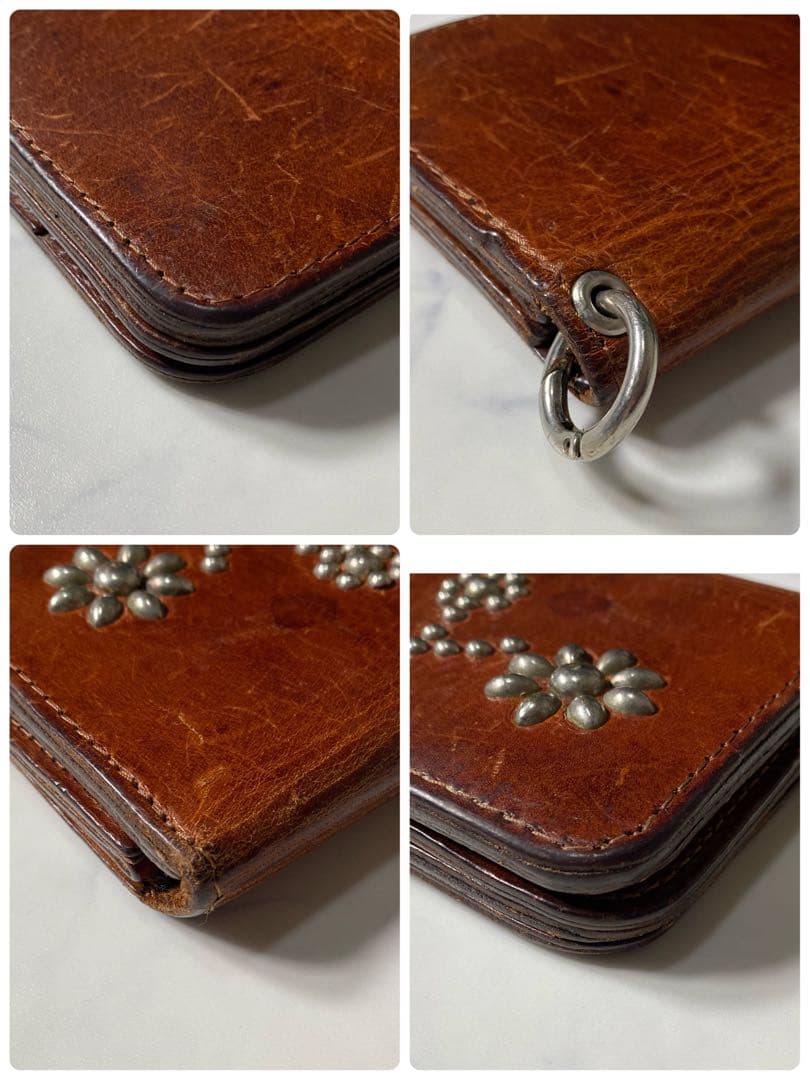 【良品】HTC　長財布　フラワースタッズ　折り財布　レザー　ブラウン　革　装飾