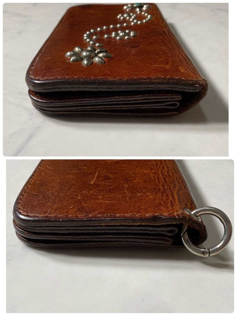 【良品】HTC　長財布　フラワースタッズ　折り財布　レザー　ブラウン　革　装飾