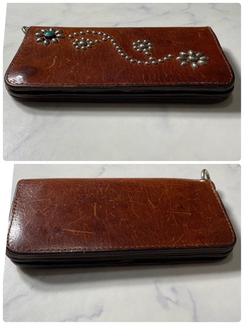 【良品】HTC　長財布　フラワースタッズ　折り財布　レザー　ブラウン　革　装飾